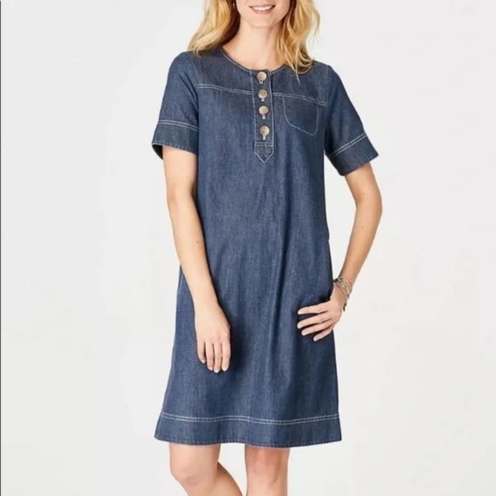 J JILL Denim Midi Crew Neck A Line Dress Pockets Buttons Size Small